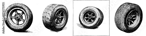 Graphite illustration of a car wheel rim based on a white background in monochrome
