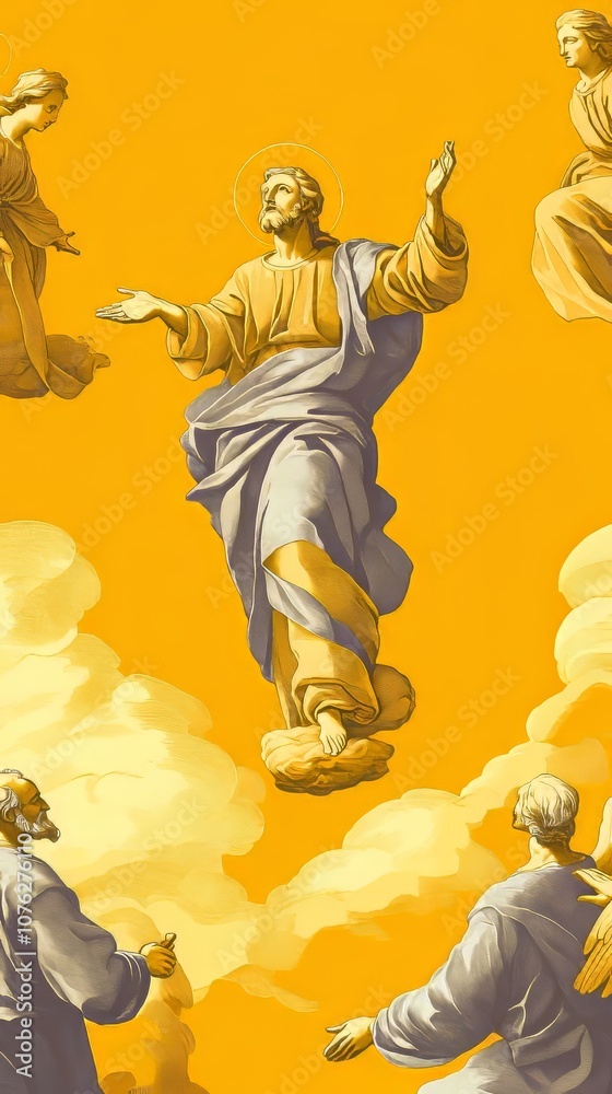 Obraz premium A depiction of Jesus Christ ascending into heaven, surrounded by angels and disciples. The scene is set against a backdrop of yellow clouds.