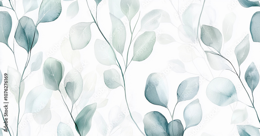 Watercolor pattern of delicate eucalyptus leaves on a white background. Soft, muted shades of green and blue evoke a calm, natural feel, ideal for botanical and nature-themed designs, Generative AI Watercolor pattern of delicate eucalyptus leaves on a white background. Soft, muted shades of green and blue evoke a calm, natural feel, ideal for botanical and nature-themed designs, Generative AI