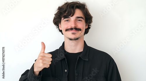 Happy young man with moustache winking and showing thumbs-up, recommending something, praise good thing, making compliment, standing on white background. photo