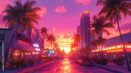 Sunset Cityscape with Palm Trees and Neon Lights