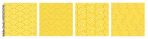 Vector set of yellow ramen noodle pattern backgrounds. Seamless spaghetti, pasta or oriental asian food texture with wave lines geometric ornaments. Posters with italian meal with curve repeat stripes