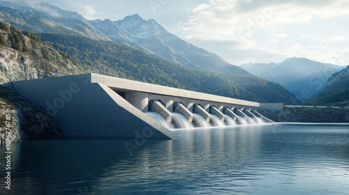 A hydroelectric dam with water flowing through turbines, generating electricity while managing water resources for power production photo