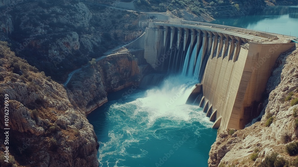 A hydropower dam with water flowing through turbines, producing clean electricity and contributing to sustainable energy A hydropower dam with water flowing through turbines, producing clean electricity and contributing to sustainable energy