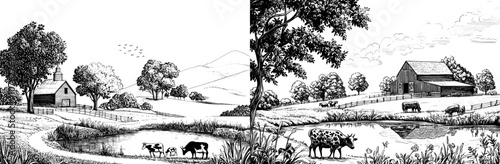 Agricultural animals in rural landscape with ranch house and farm building. Eco farm modern flat background.