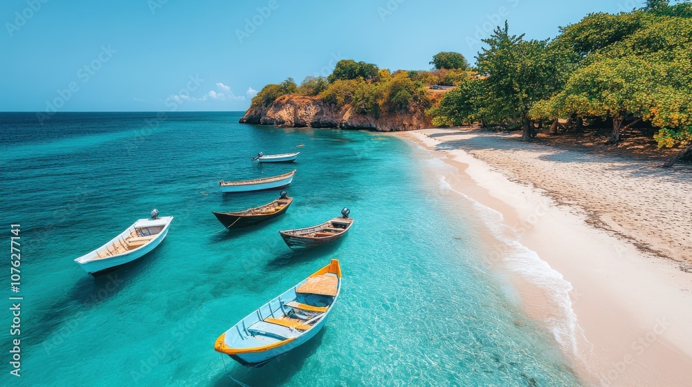 Serene beach with colorful boats and clear turquoise waters. Serene beach with colorful boats and clear turquoise waters.