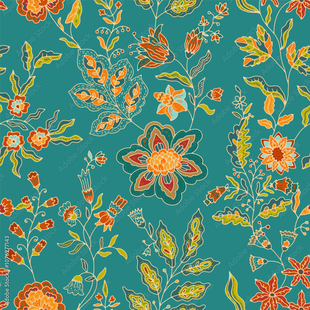 Obraz premium Colorful Botanical Teal Floral Pattern