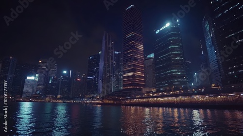 A futuristic city skyline with high-rise buildings and cutting-edge architecture illuminated at night.