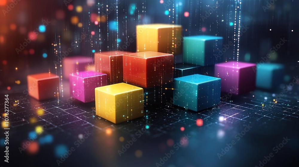 Colorful Cubes Arranged in a Pattern with Glittering Lights and a Black Grid Background Colorful Cubes Arranged in a Pattern with Glittering Lights and a Black Grid Background