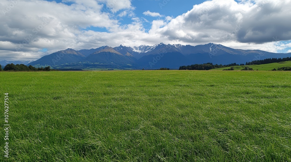 A grassy field stretching out toward distant mountains under a vast, cloudy sky. A grassy field stretching out toward distant mountains under a vast, cloudy sky.