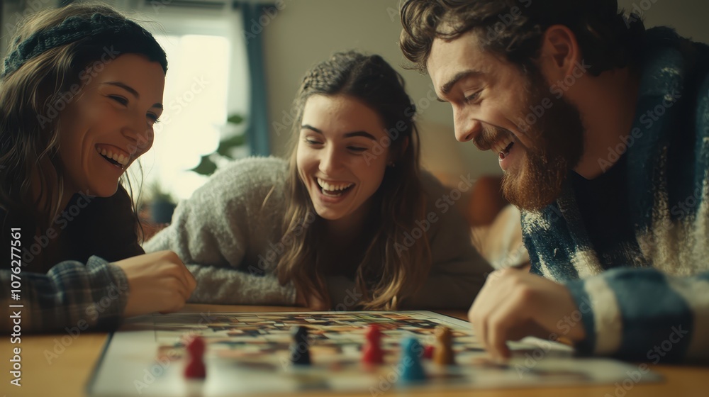 Fototapeta premium A group gathered around a board game, laughing and enjoying their time together.