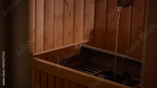 Close-up of water being poured onto hot sauna stones with steam rising, creating a relaxing atmosphere in a wooden sauna. Concept of wellness, rejuvenation, and traditional spa rituals.