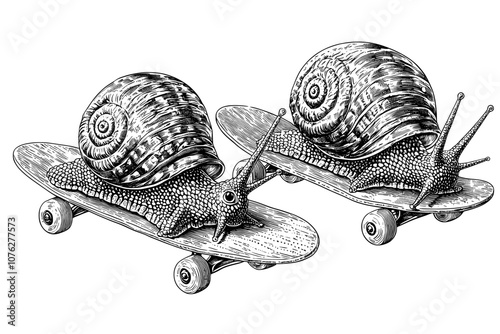 Snails with wheels overtake others in race. Leading advantage business concept. Cartoon snail with shell house, slug moving illustration.