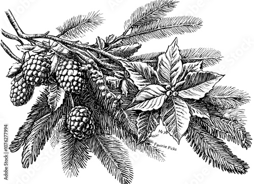 Seasonal modern illustration with pine tree branches and cones, berries and poinsettia leaves and a holiday wish on a white background.