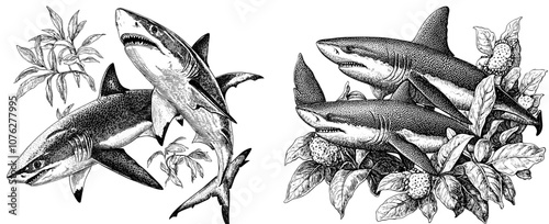 Swimming sharks with open mouth. Underwater animal modern tattoo collection. Illustration of shark animal, dangerous predator marine.