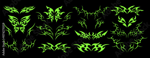 Acid neo tribal y2k goth tattoo with heart, butterfly, womb, symmetrical shapes and gothic art elements. Set of cybersigilism stickers, futuristic trendy grunge ornaments or hand drawn neotribal icons