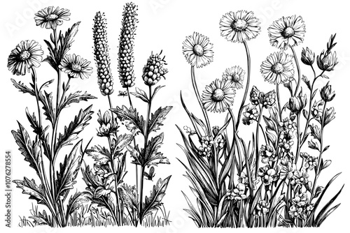 The modern nature seamless background depicts hand drawn wild herbs, flowers and leaves on a white background. The illustration is in the form of a doodle style.