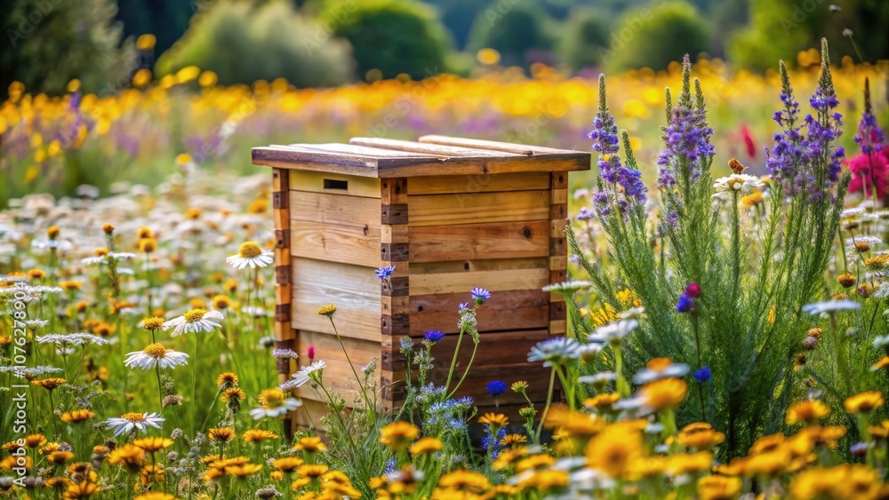 Close-up of a Natural Bee Hive Surrounded by Vibrant Wildflowers in Daylight. Generative AI Close-up of a Natural Bee Hive Surrounded by Vibrant Wildflowers in Daylight. Generative AI