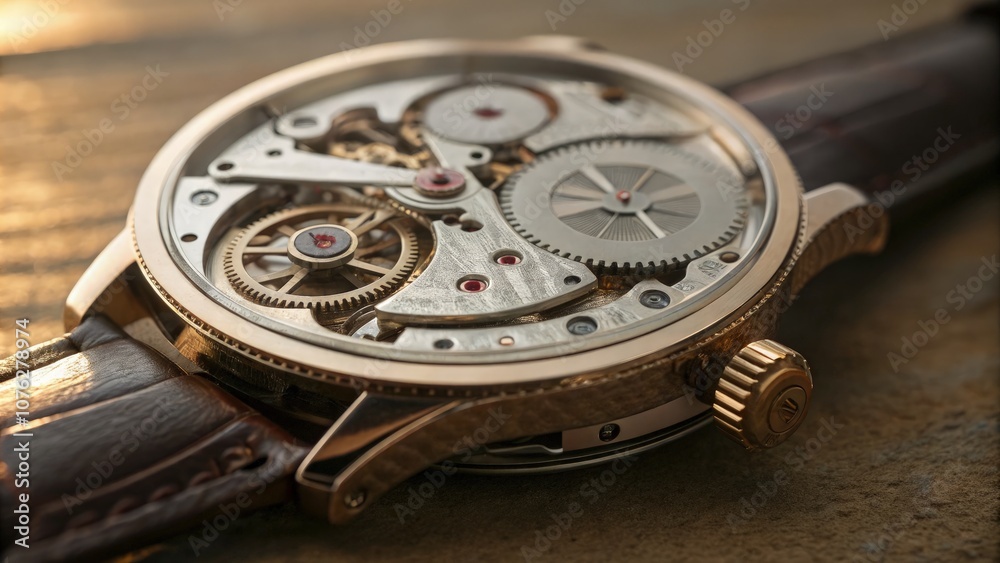 Close-up View of Mechanical Movement in a Luxury Standard Scale on Leather Strap. Generative AI Close-up View of Mechanical Movement in a Luxury Standard Scale on Leather Strap. Generative AI