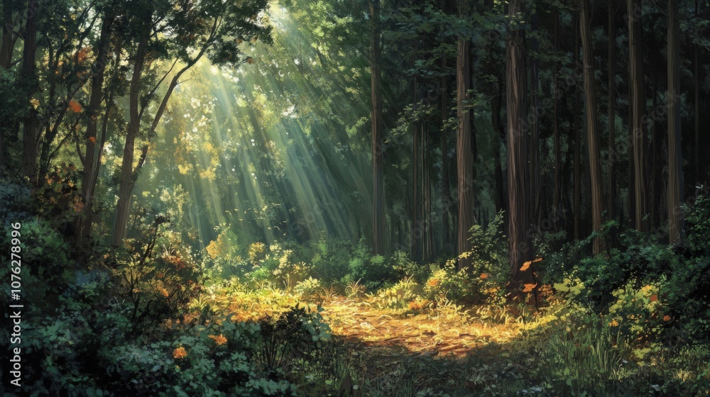 Obraz premium Sunbeams Filtering Through a Dense Forest