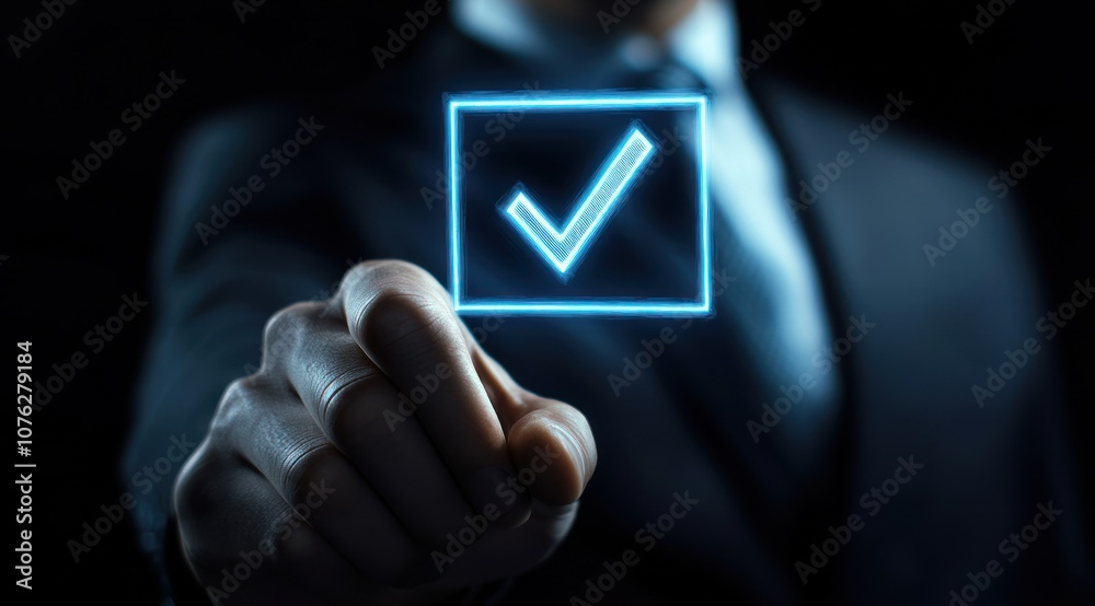 A Hand Reaching Towards a Glowing Checkmark in a Square A Hand Reaching Towards a Glowing Checkmark in a Square