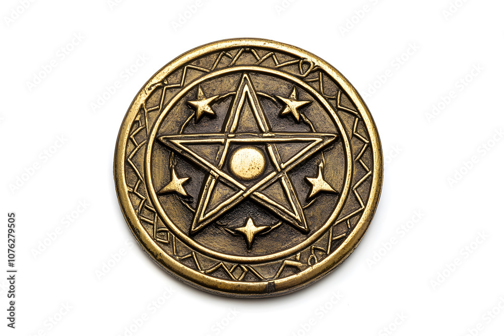 Fototapeta premium Intricately designed bronze medallion featuring a star and circular patterns, isolated on a white background, symbolizing heritage, craftsmanship, and artistic excellence