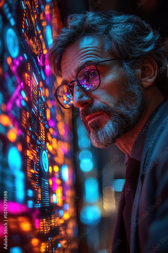 Businessman intensely analyzing data on a holographic screen in a hightech, dimlit room Businessman intensely analyzing data on a holographic screen in a hightech, dimlit room