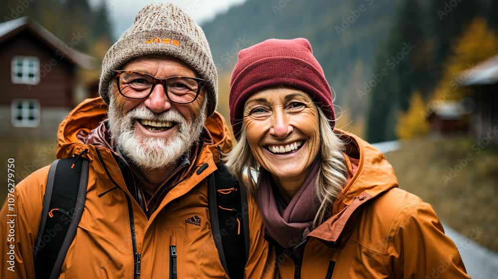 Happy elderly couple enjoying autumn hike in vibrant mountain landscape