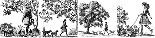 Dog walking woman and girl in park, two cute dogs and girl in forest. Healthy lifestyle with animals modern illustration. Dog walking woman in park, cartoon pet and person.