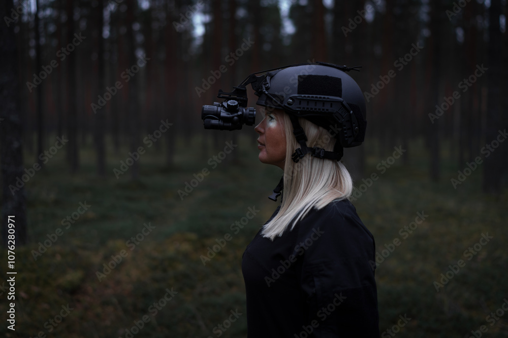 A blonde woman of European appearance in a military helmet with a night vision device in a dark forest. A blonde woman of European appearance in a military helmet with a night vision device in a dark forest.