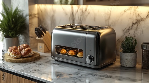 Modern toaster oven on a kitchen counter with baked goods.