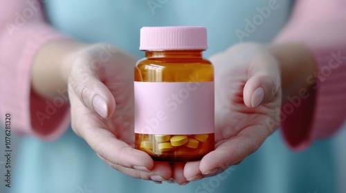 Woman s Hand Holding a Bottle of Pills with Blank Label photo