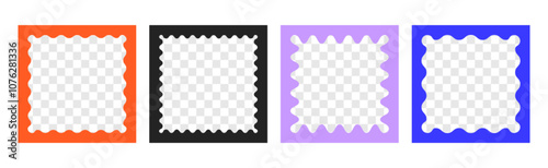 Vector set of doodle colored square frames with scallop edges. Jagged wavy text box with empty transparent space inside. Y2k squiggle photo borders, groovy wiggly mirrors or curvy undulate shapes