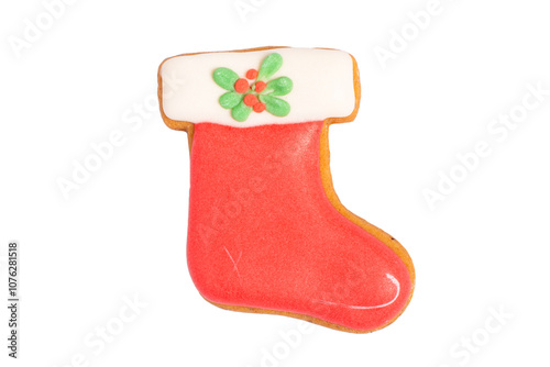 Homemade gingerbread cookie „Red Christmas stocking“ on white, isolated Christmas handmade gingerbread cookie „Red Christmas stocking “ on white background, Christmas dessert, top view, flat lay photo