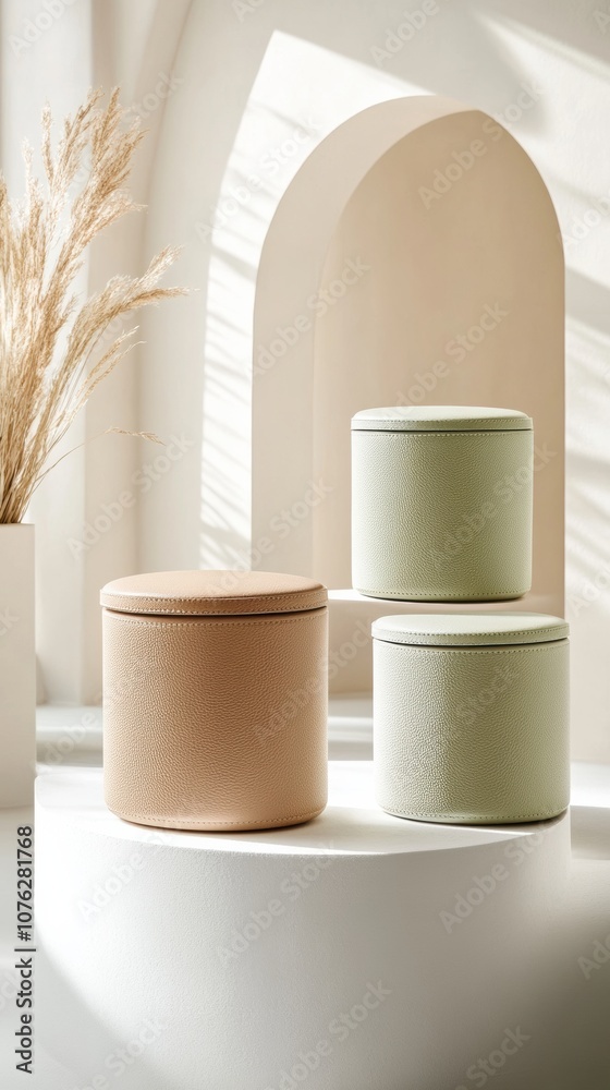Elegant cylindrical containers in a minimalist setting exude modern sophistication, AI