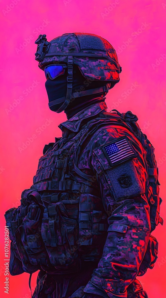 Soldier in Tactical Gear Against Colorful Background Soldier in Tactical Gear Against Colorful Background