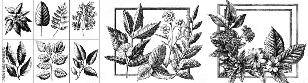 This set of hand-drawn square frames is perfect for wedding or brand design. The borders are decorated with flowers, leaves, and herbs. This set of hand-drawn square frames is perfect for wedding or brand design. The borders are decorated with flowers, leaves, and herbs.