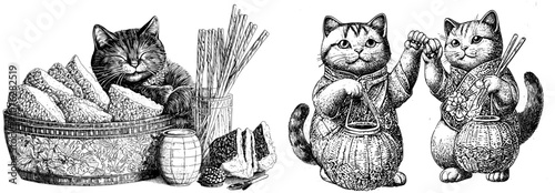 Flat cute neko cats, mask and mountain. Blossom sakura, culture exact modern collection.