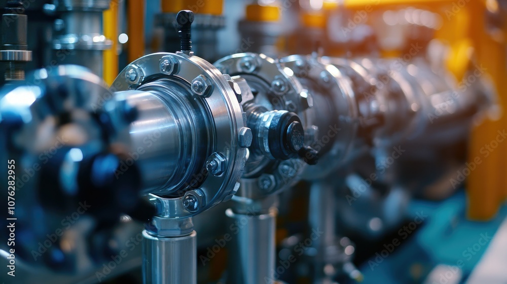 Industrial Pipeline System with Metallic Flanges and Connectors Showing Modern Engineering and High-Quality Manufacturing Standards in a Factory Environment Industrial Pipeline System with Metallic Flanges and Connectors Showing Modern Engineering and High-Quality Manufacturing Standards in a Factory Environment