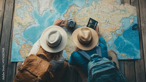 A senior couple planning their next travel destination, organizing a trip in their peaceful and financially secure retirement