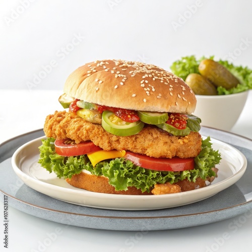 Deliciously Crafted Chicken Burger Served on a Clean Plate With Fresh Toppings. Generative AI