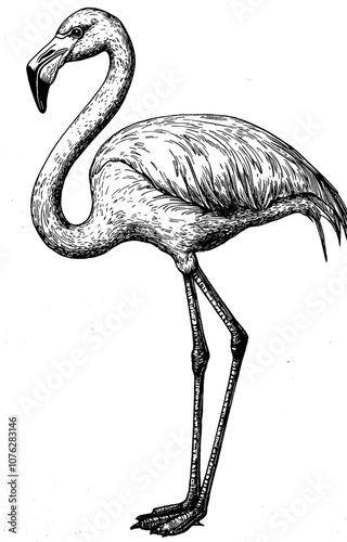 Isolated black and white engraving of a flamingo