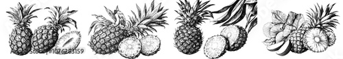 Handdrawn pineapple. Exotic ananas pieces. Tropical fruit sketches. Nature sweet dessert template. Botanical summer meal elements. Juicy vegetables.