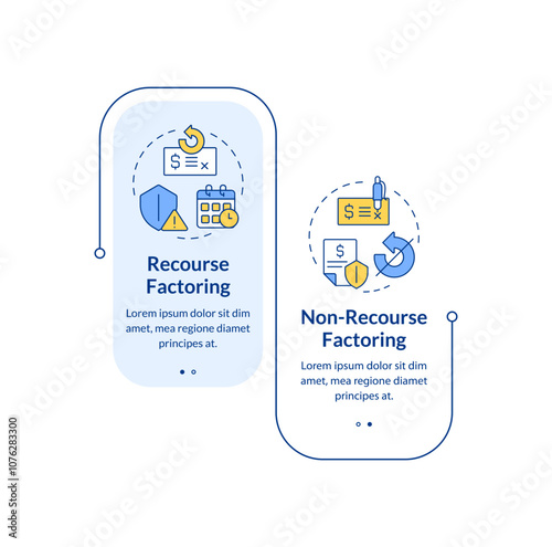 Recourse VS non-recourse factoring rectangle infographic vector. Types of financial agreement. Data visualization with 2 steps. Editable rectangular options chart. Lato-Bold, Regular fonts used