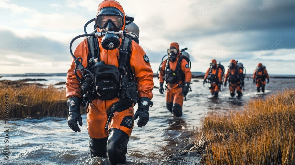 A team of marine biologists in diving suits preparing to explore underwater habitats for research A team of marine biologists in diving suits preparing to explore underwater habitats for research