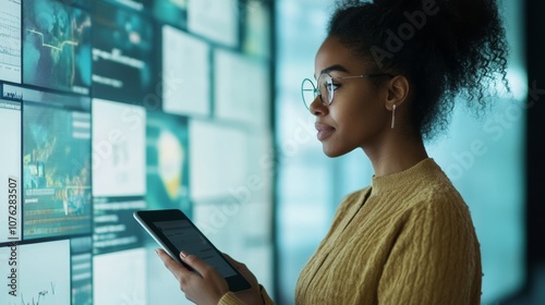 A teacher in a smart classroom, using a digital tablet to engage students with interactive content on large displays photo