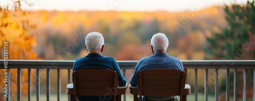 Two Senior Men Sitting on a Porch with a Beautiful Autumn View