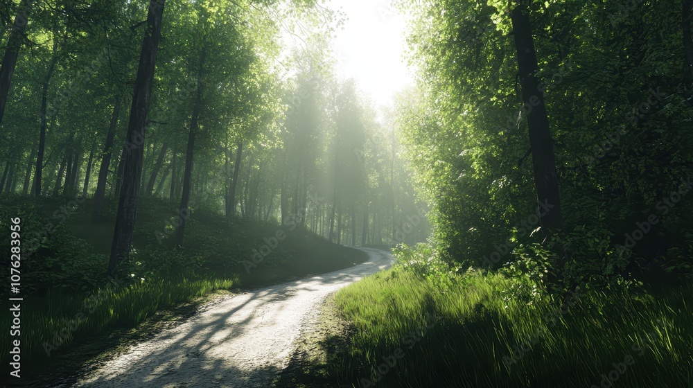 A winding road through a dense forest, with sunlight filtering through the trees.