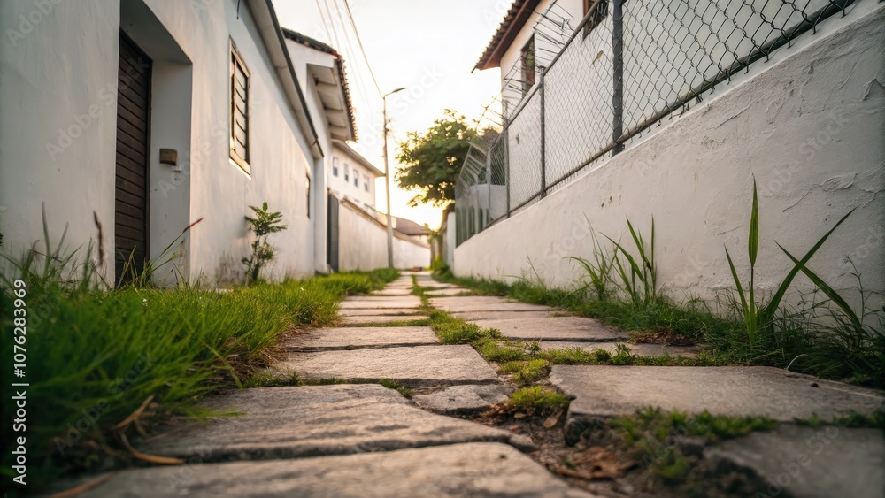 A Quiet Alleyway in a Thai Neighborhood With White Walls and Lush Greenery. Generative AI A Quiet Alleyway in a Thai Neighborhood With White Walls and Lush Greenery. Generative AI