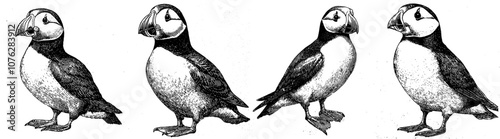 Isolated puffin illustration engraved in black and white